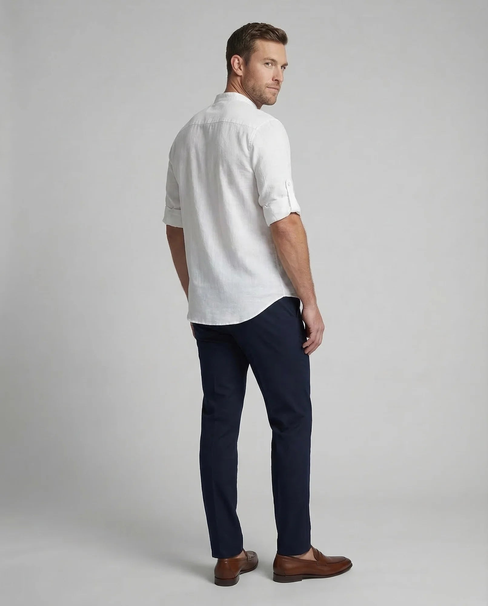 White Men's Mandarin Collar Linen Shirt - Back Pose
