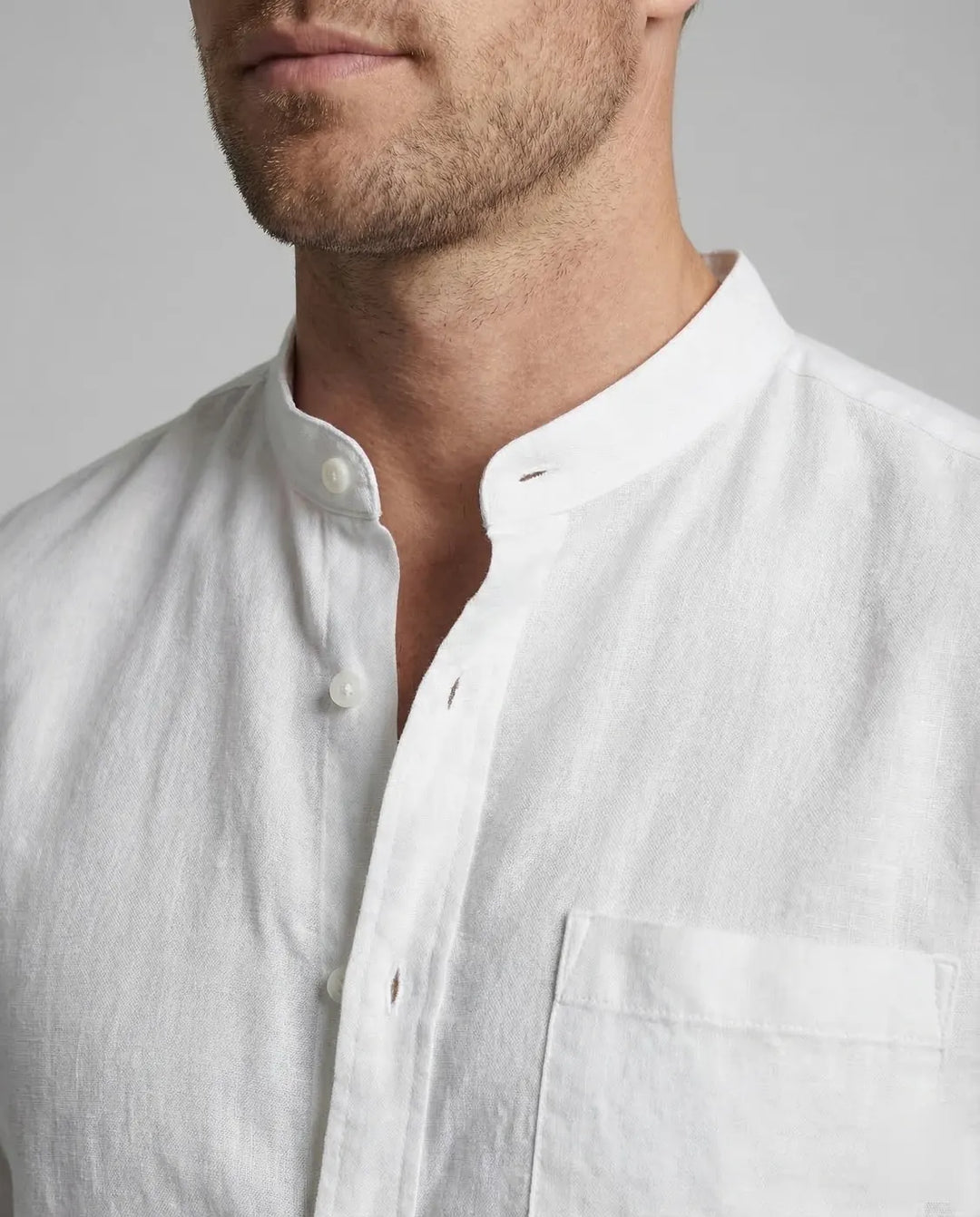 White Men's Mandarin Collar Linen Shirt - Collar Detail