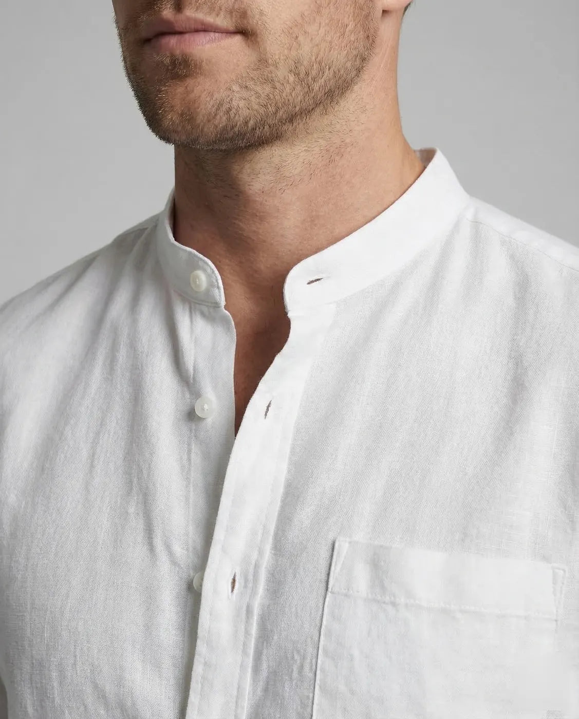 White Men's Mandarin Collar Linen Shirt - Collar Detail