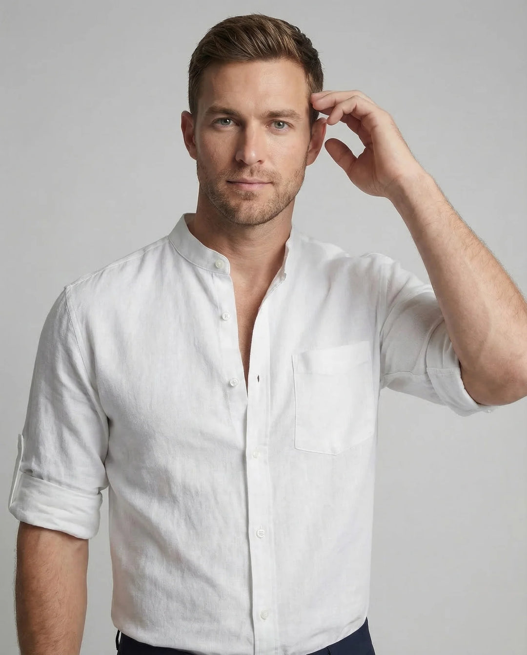 White Men's Mandarin Collar Linen Shirt - Front Close