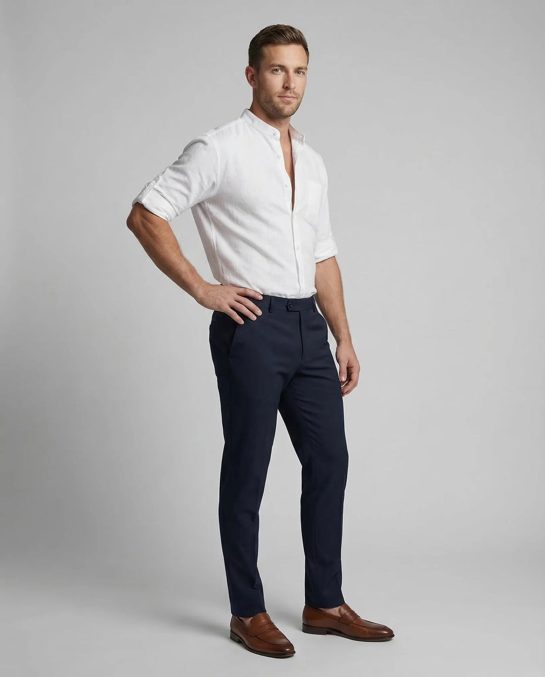 White Men's Mandarin Collar Linen Shirt - Front Full