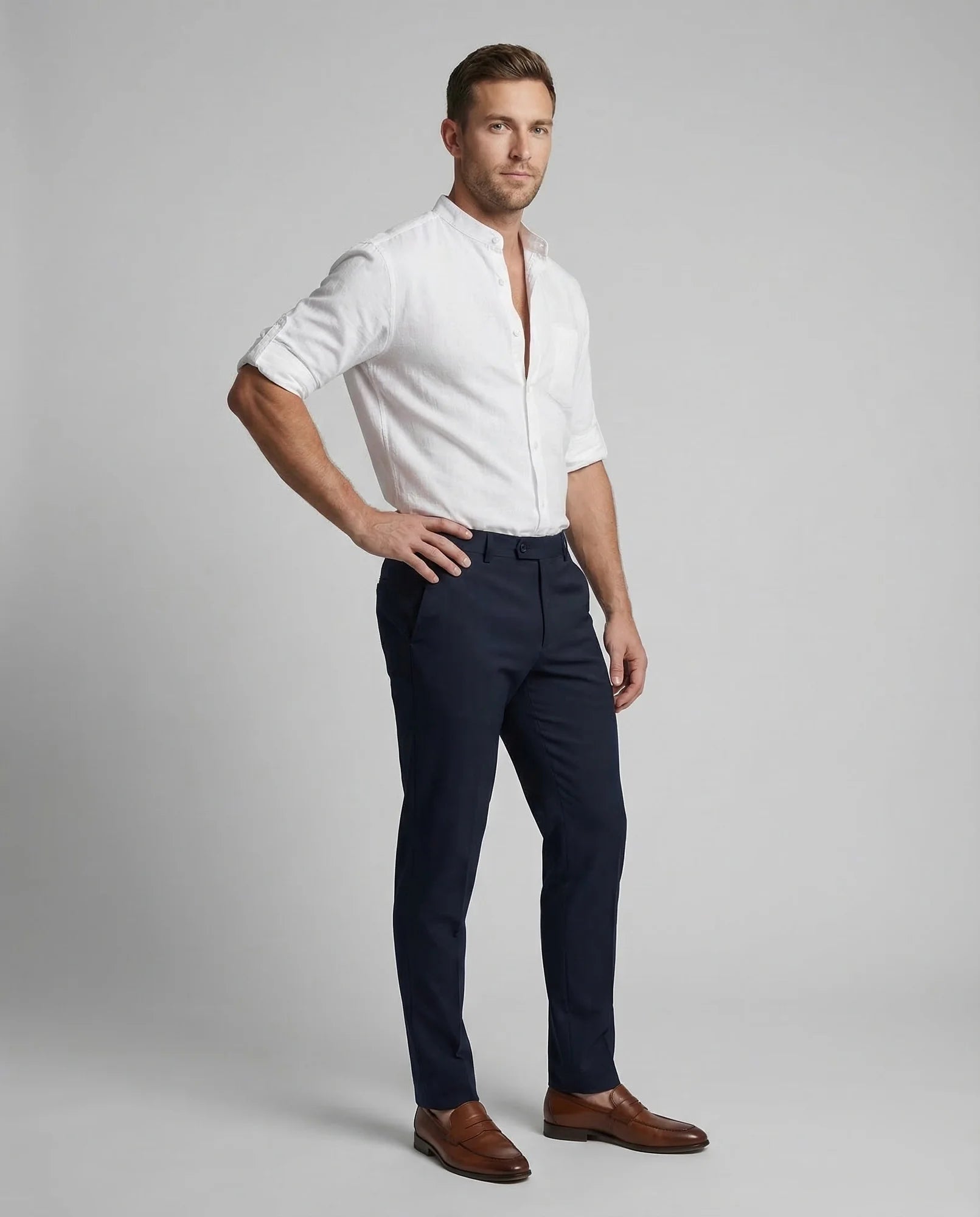 White Men's Mandarin Collar Linen Shirt - Front Full