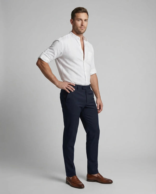White Men's Mandarin Collar Linen Shirt - Front Full