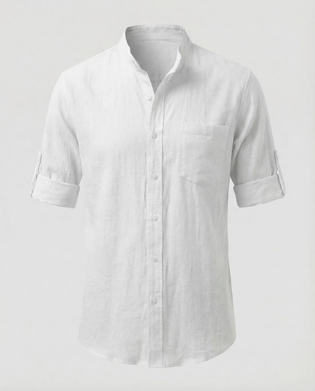 White Men's Mandarin Collar Linen Shirt - Rolled Sleeves