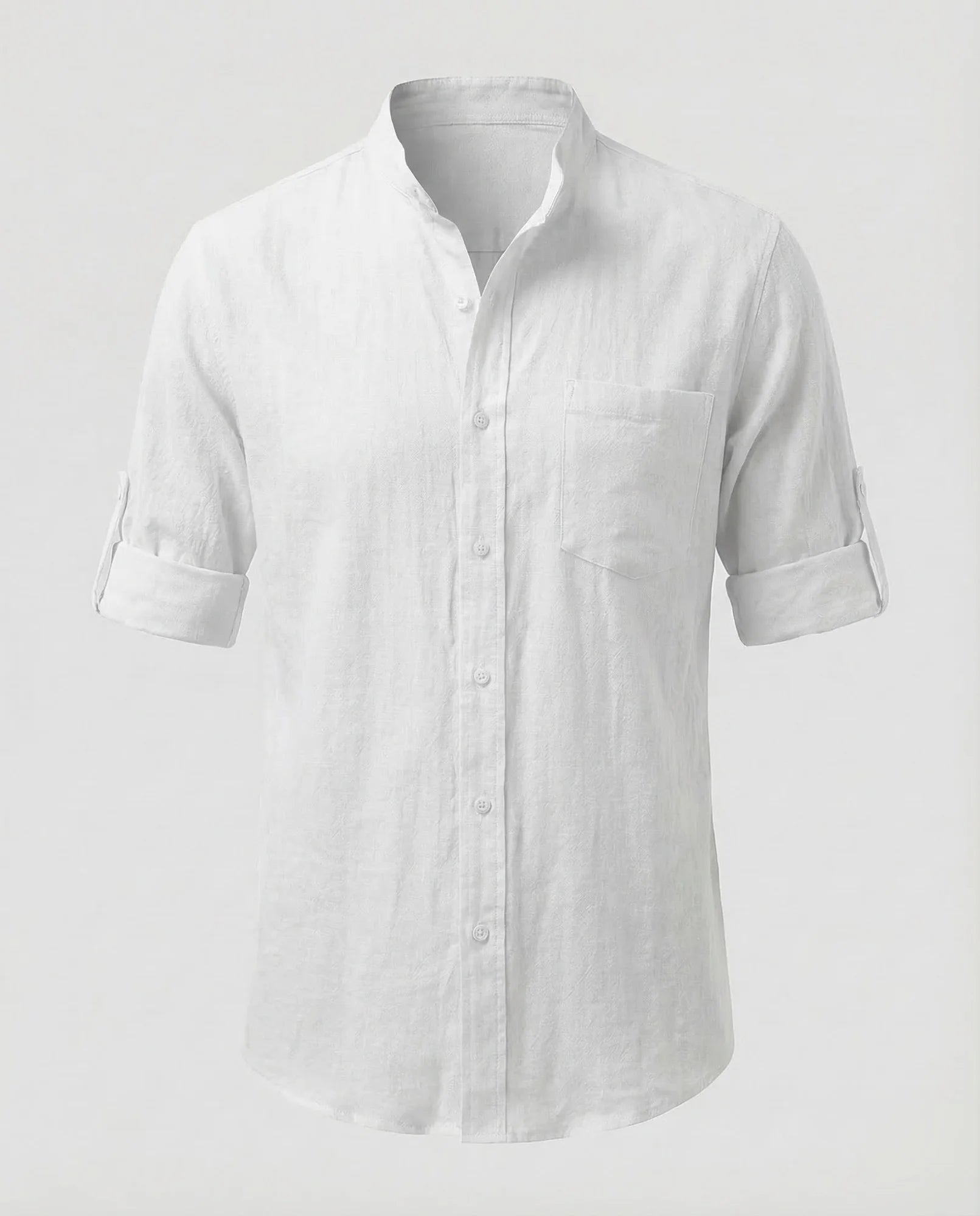 White Men's Mandarin Collar Linen Shirt - Rolled Sleeves