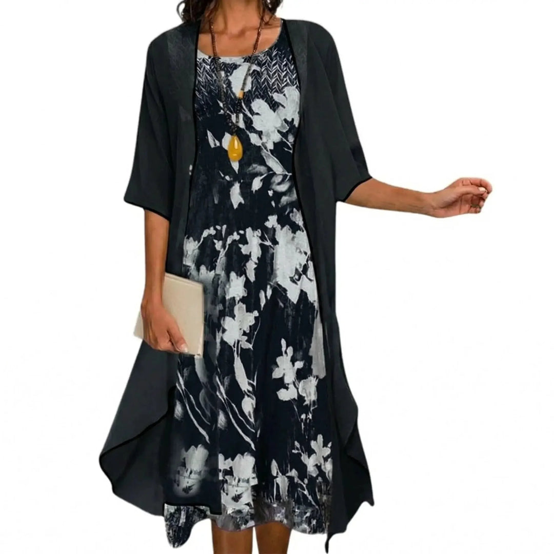 Black Women's Floral Maxi Dress with Cardigan Set - Model Standing