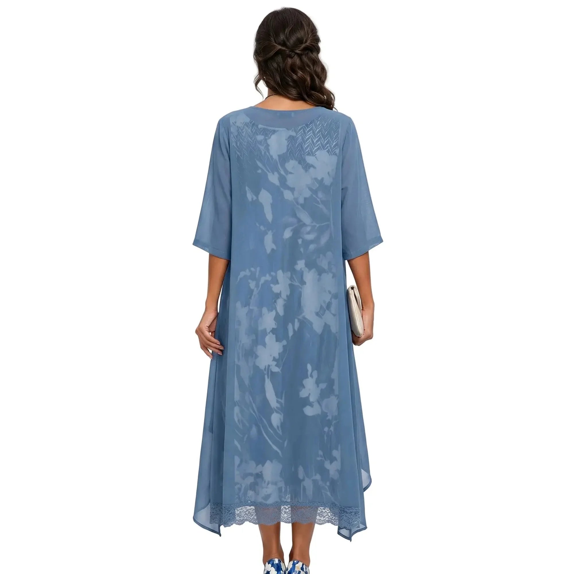 Blue Women's Floral Maxi Dress with Cardigan Set - Back Detail