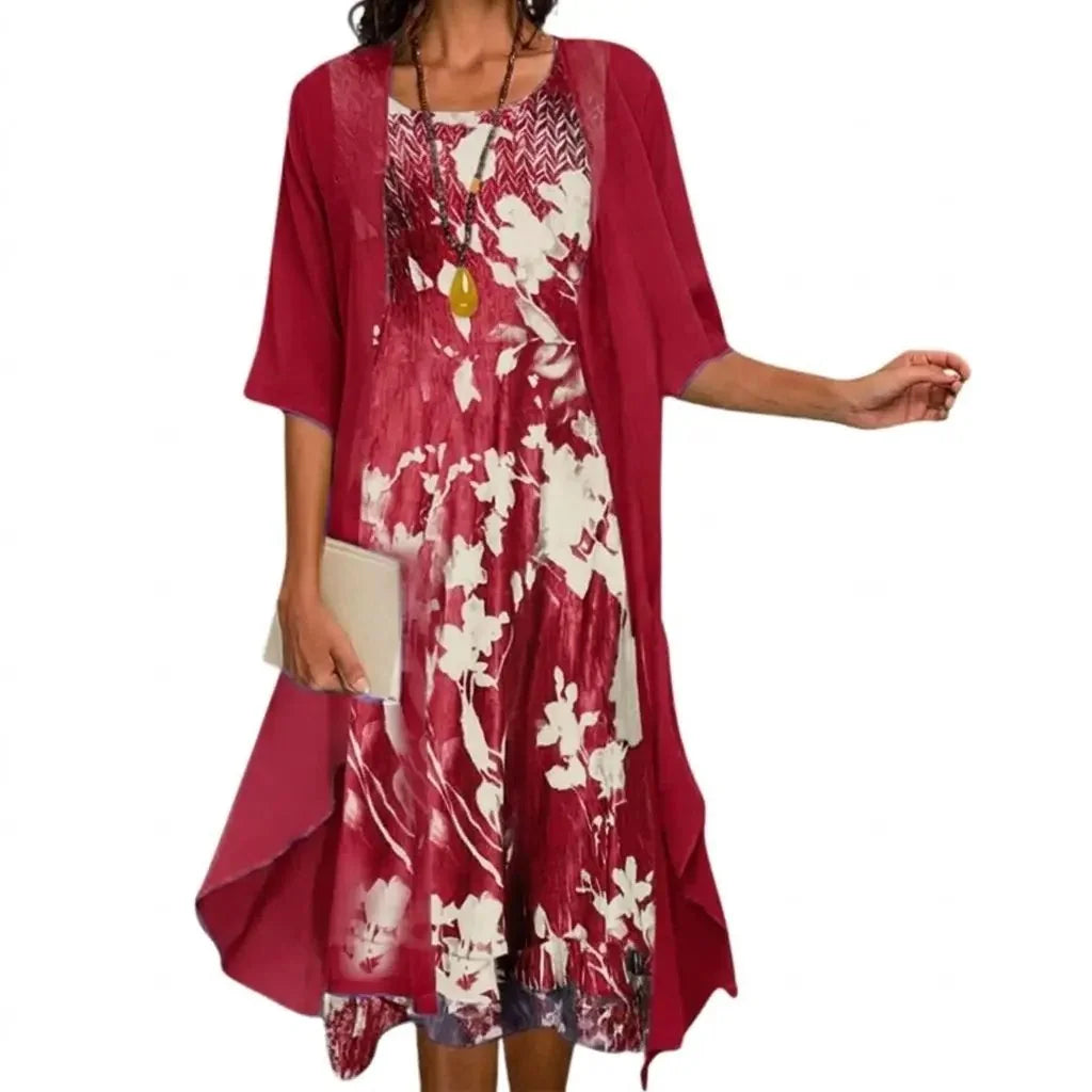 Burgundy Women's Floral Maxi Dress with Cardigan Set - Side Pose