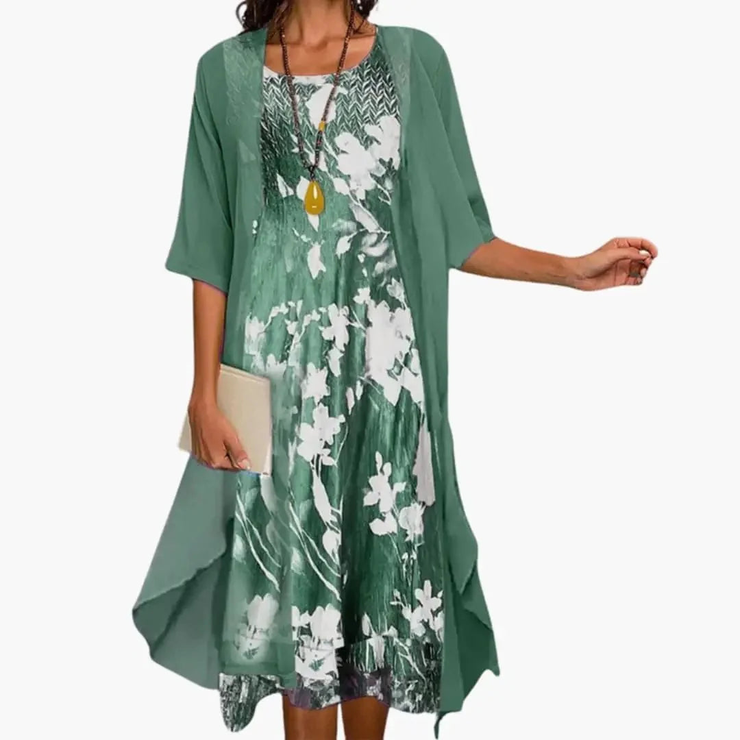 Green Women's Floral Maxi Dress with Cardigan Set - Studio Pose