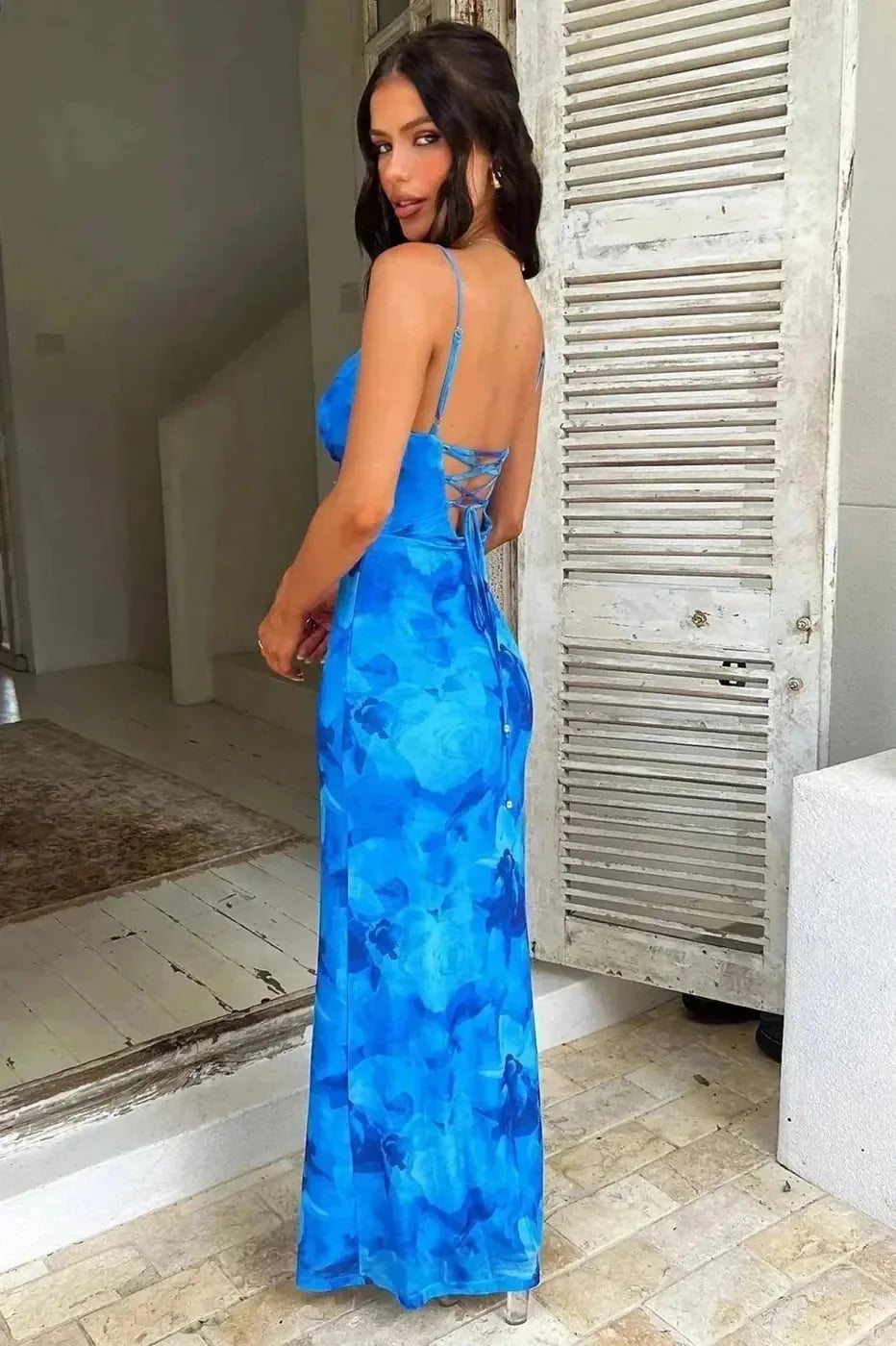 Blue Women's Blue Floral Maxi Dress — Joy Lace-Up Back Elegant - Back Detail