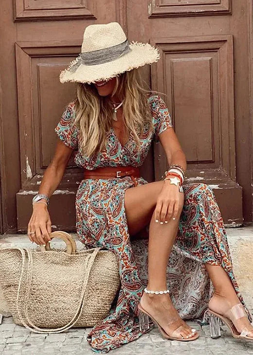 Blue Women's Summer Maxi Dress — Aubrey Floral Belted V-Neck - Seated Hat