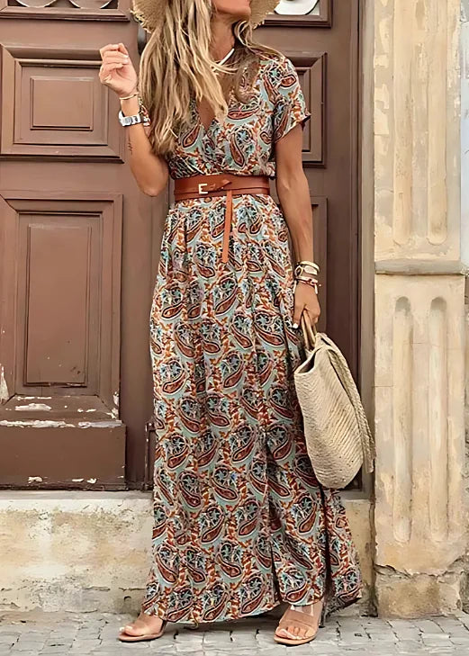 Brown Women's Summer Maxi Dress — Aubrey Floral Belted V-Neck - Front Pose