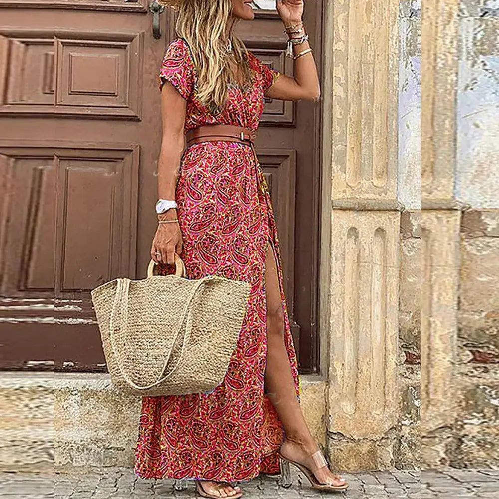 Red Women's Summer Maxi Dress — Aubrey Floral Belted V-Neck - Back Standing
