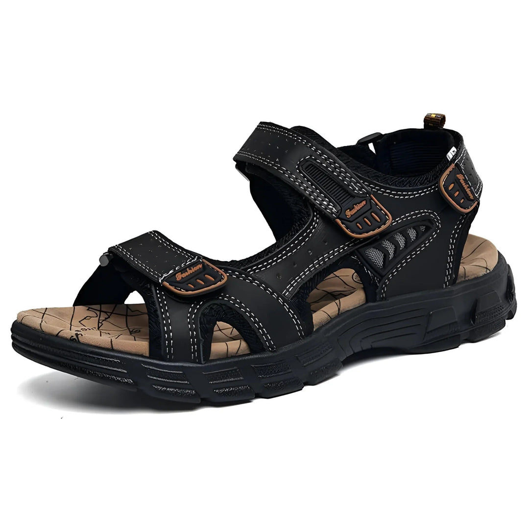 Black Men's Adjustable Leather Sport Sandals — Sullivan Outdoor Hiking - Side Full