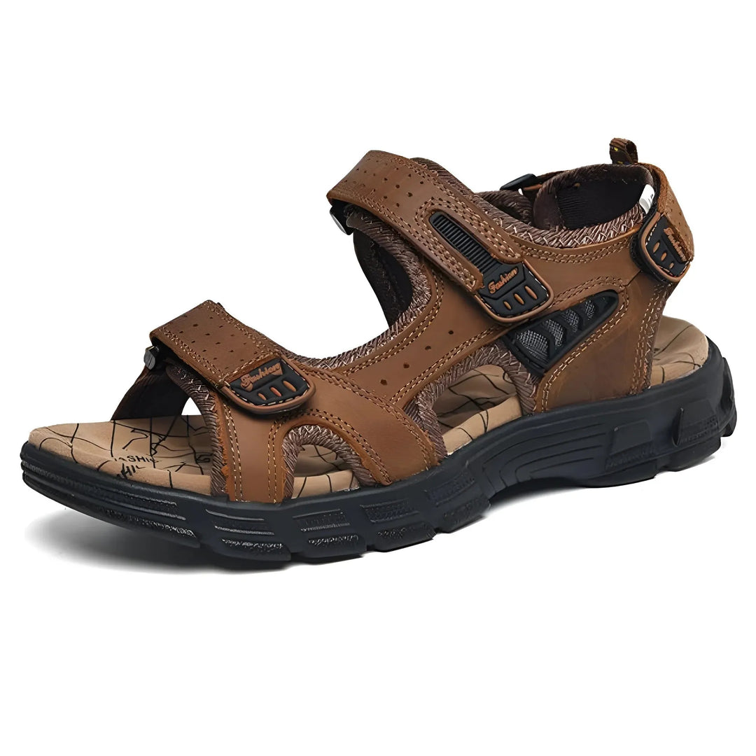 Brown Men's Adjustable Leather Sport Sandals — Sullivan Outdoor Hiking - Side Angle