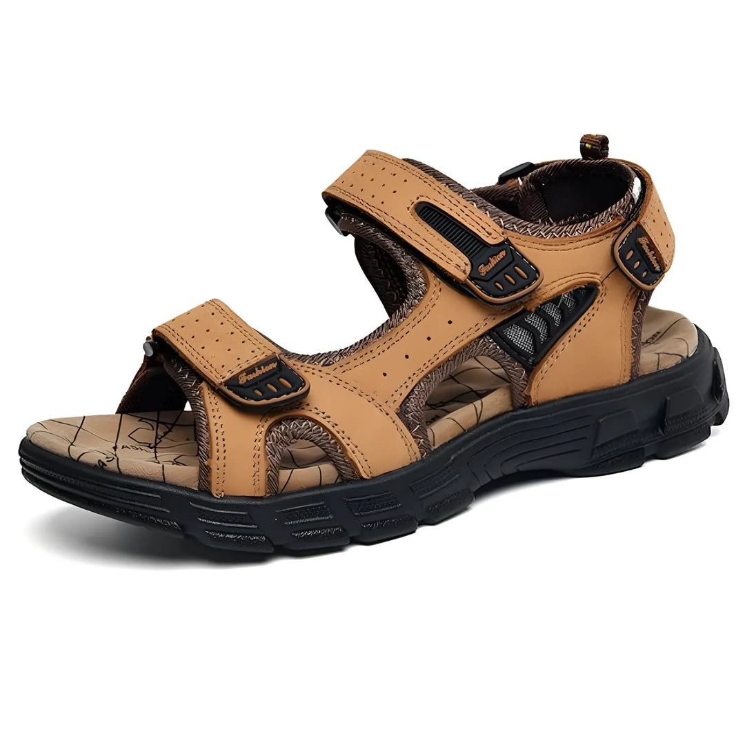 Yellow Men's Adjustable Leather Sport Sandals — Sullivan Outdoor Hiking - Side Detail