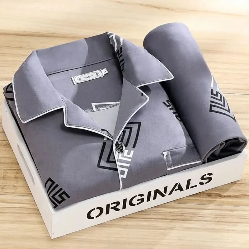Xavier | Men's Button - Up Pajama Set with Feather Print - Gray - 11