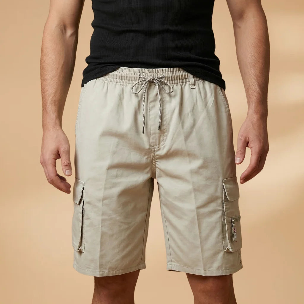 Beige Men's Cargo Shorts — Henry Drawstring Pockets Military - Front Posed