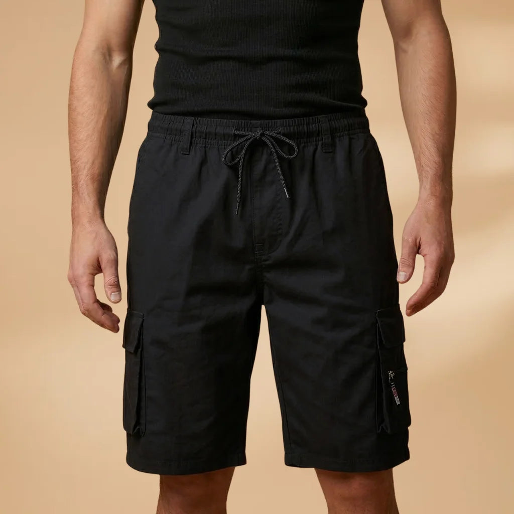 Black Men's Cargo Shorts — Henry Drawstring Pockets Military - Front Casual