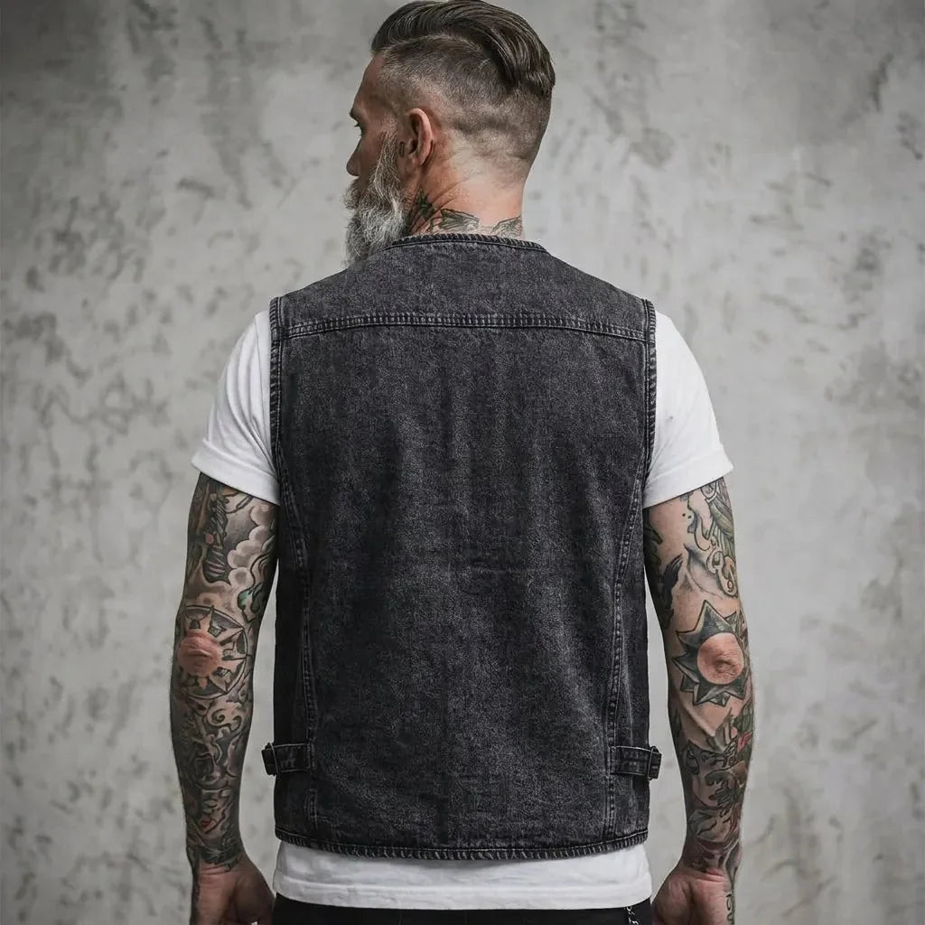 Black Men's Denim Cargo Vest — Callum Multi-Pocket Washed V-Neck - Back Full