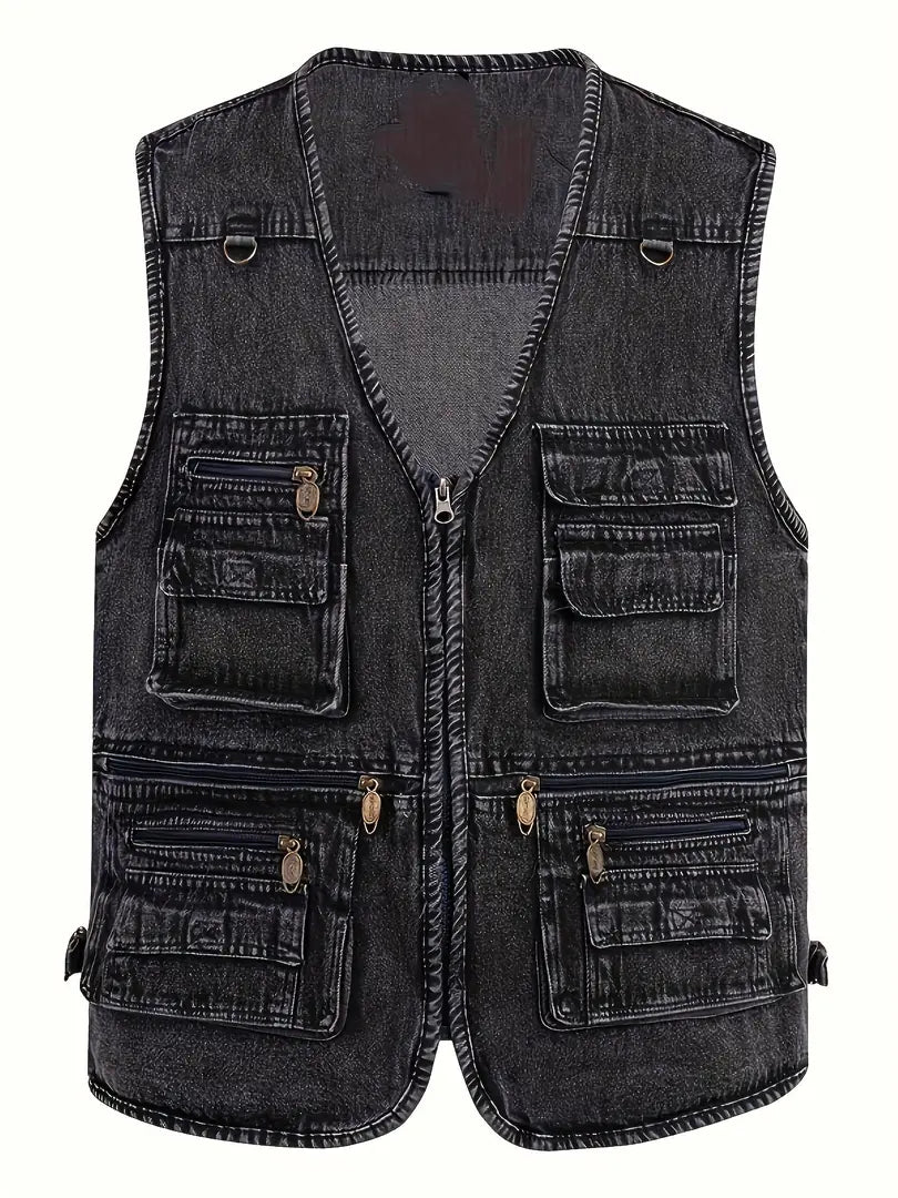 Black Men's Denim Cargo Vest — Callum Multi-Pocket Washed V-Neck - Flat Lay Detail