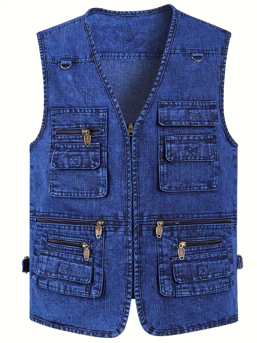 Deep Men's Denim Cargo Vest — Callum Multi-Pocket Washed V-Neck - Sky Blue Flat Lay Front