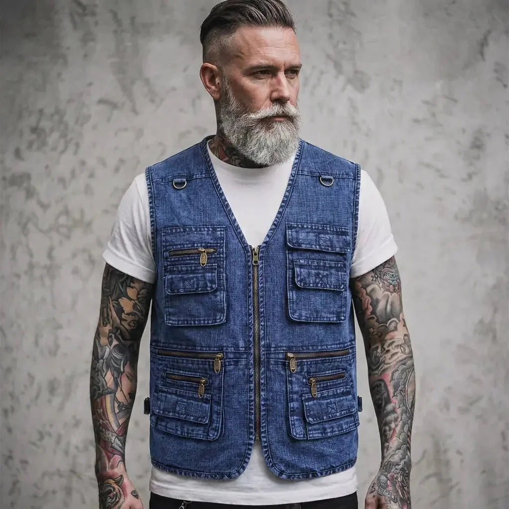 Deep Men's Denim Cargo Vest — Callum Multi-Pocket Washed V-Neck - Sky Blue Front Worn
