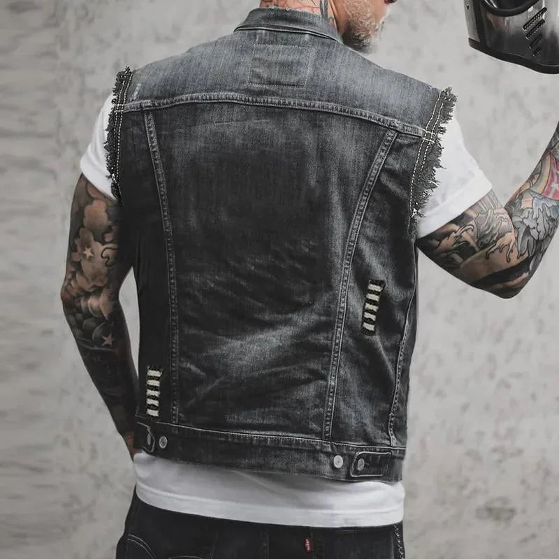 Black Men's Distressed Denim Vest — Emmett Sleeveless Button-Front - Back Full