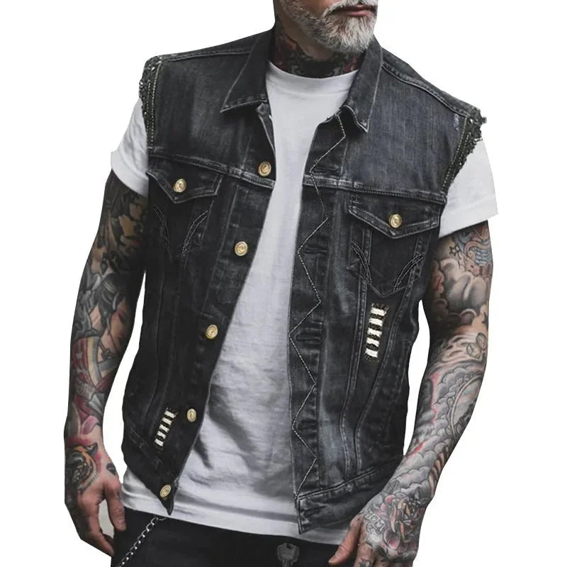 Black Men's Distressed Denim Vest — Emmett Sleeveless Button-Front - Front Detail