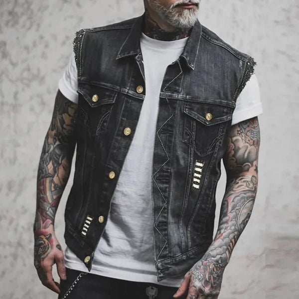Black Men's Distressed Denim Vest — Emmett Sleeveless Button-Front - Front Full