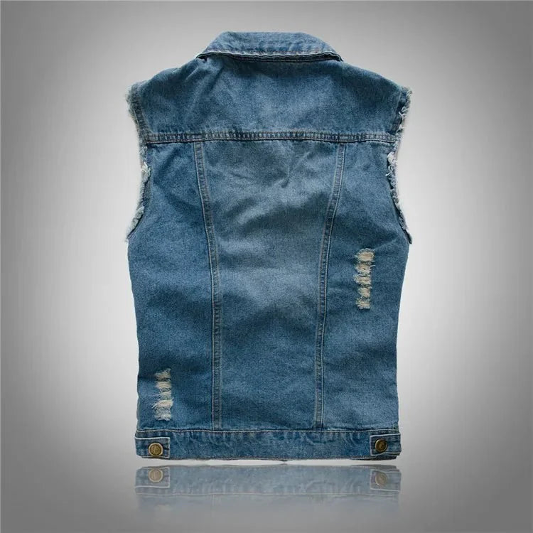 Blue Men's Distressed Denim Vest — Emmett Sleeveless Button-Front - Back View