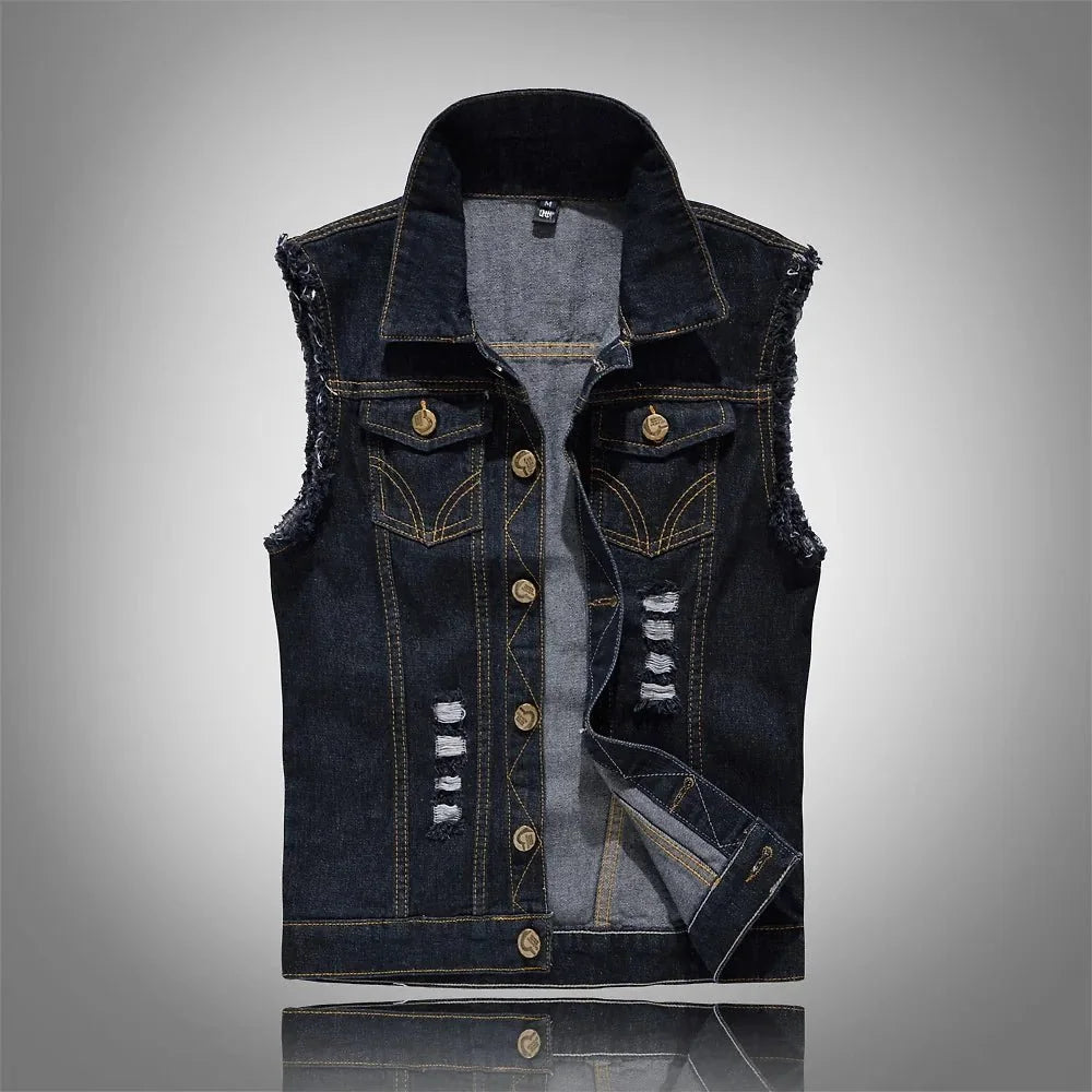 Dark Blue Men's Distressed Denim Vest — Emmett Sleeveless Button-Front - Studio Flat
