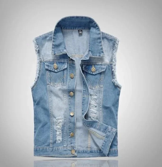 Light Blue Men's Distressed Denim Vest — Emmett Sleeveless Button-Front - Front Styled