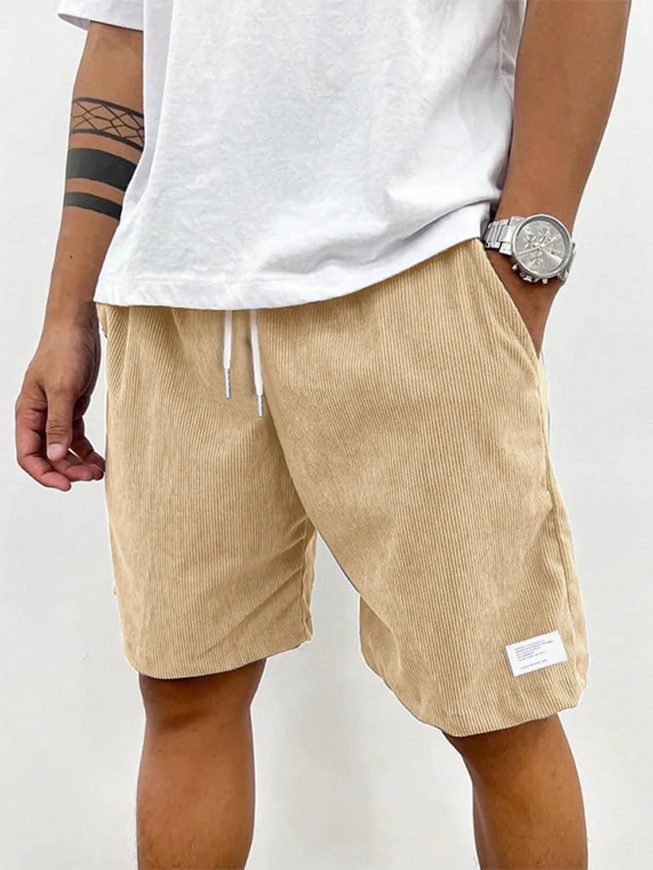 Beige Men's Drawstring Summer Shorts — Levi Corduroy Casual Beach - Studio Pose