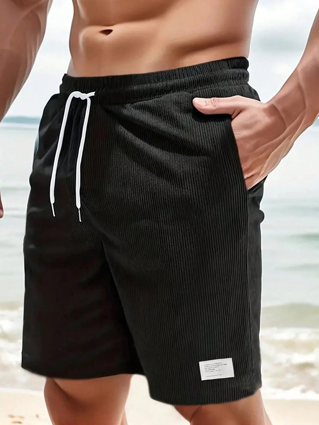 Black Men's Drawstring Summer Shorts — Levi Corduroy Casual Beach - Beach Setting