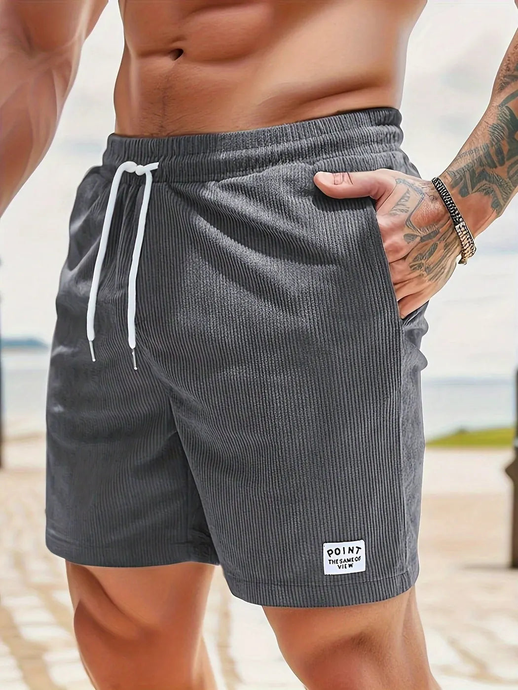 Gray Men's Drawstring Summer Shorts — Levi Corduroy Casual Beach - Detail Pocket