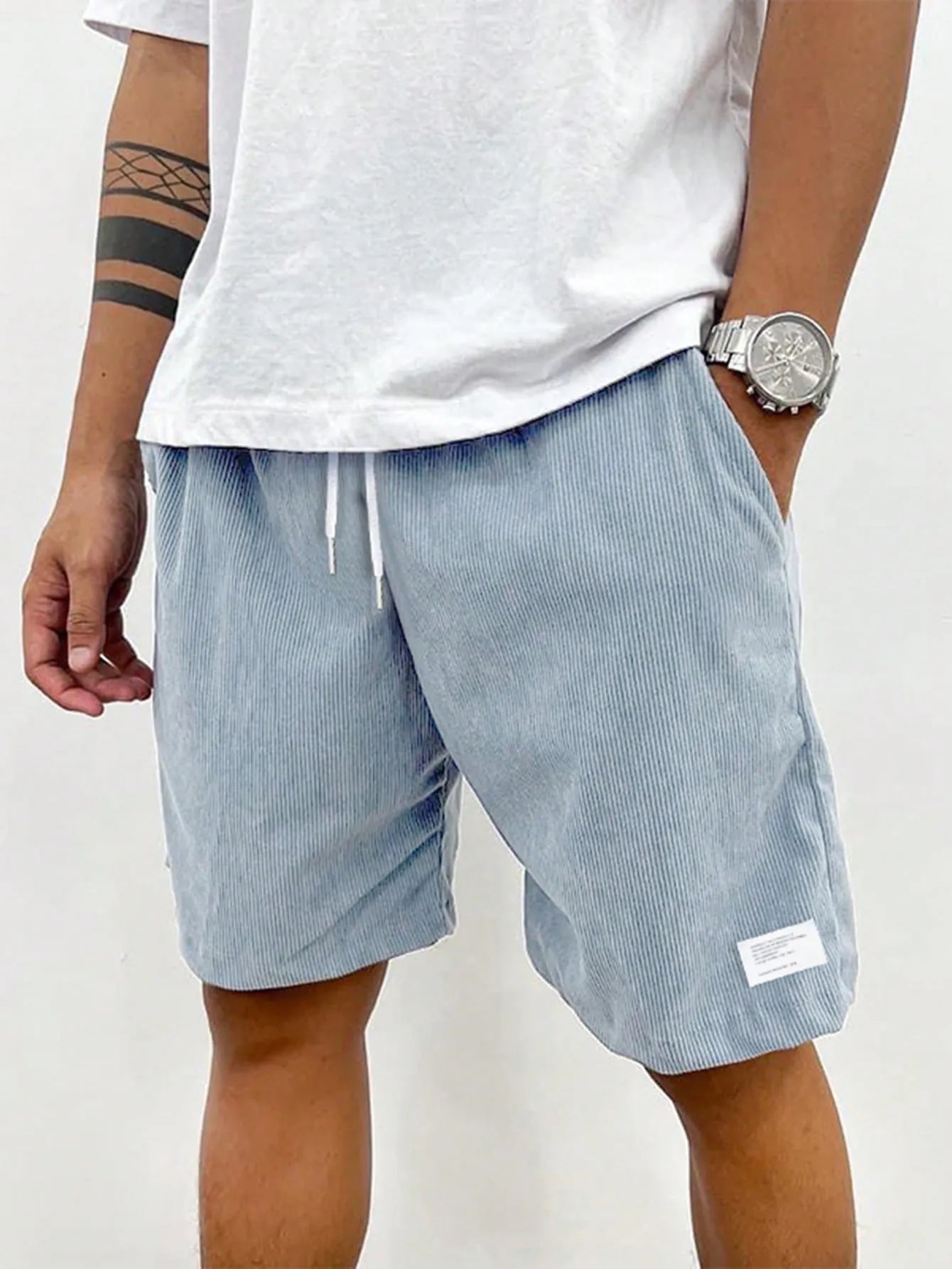 Light Blue Men's Drawstring Summer Shorts — Levi Corduroy Casual Beach - Model Walking