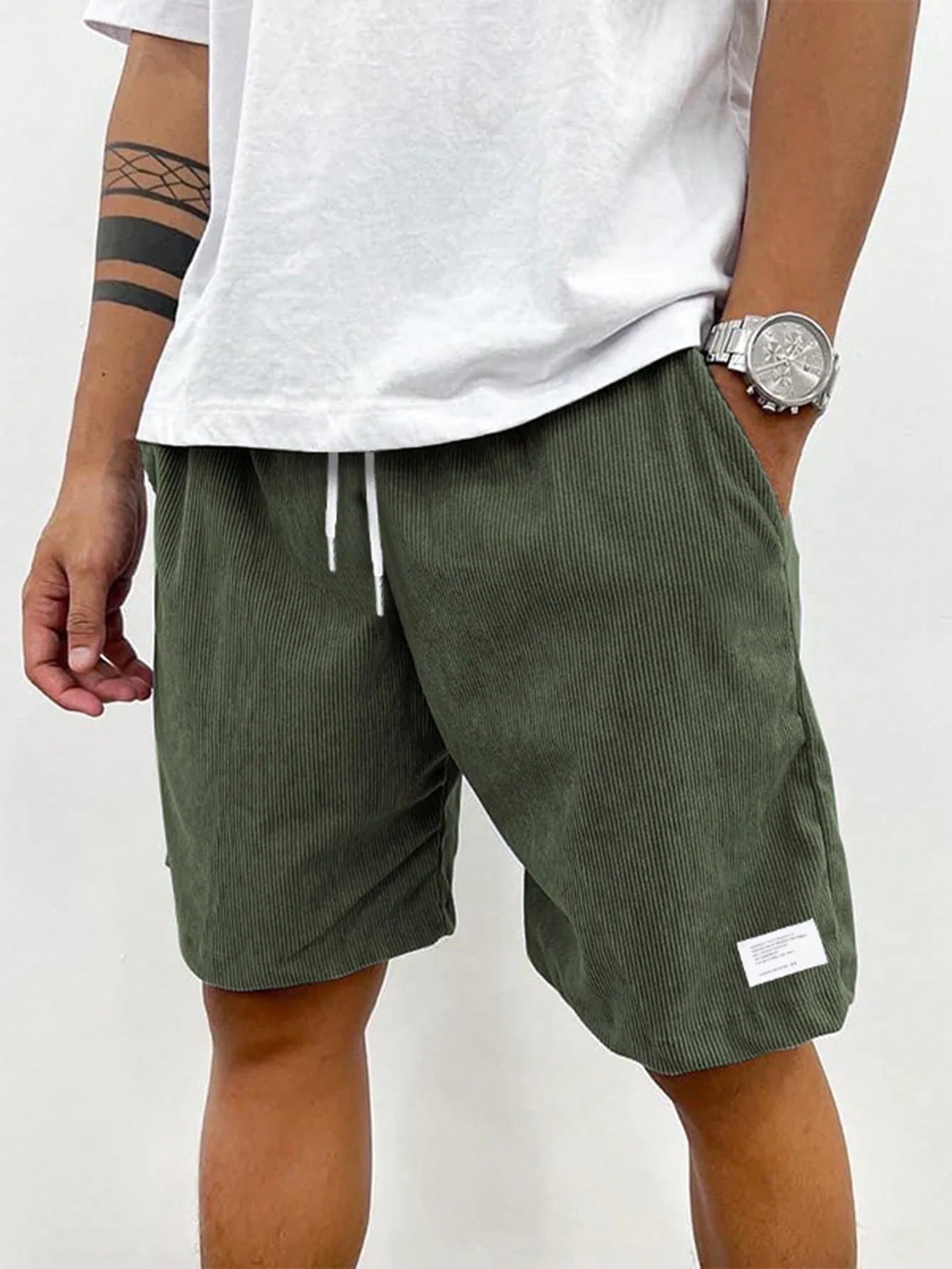 Light Green Men's Drawstring Summer Shorts — Levi Corduroy Casual Beach - Outdoor Pose