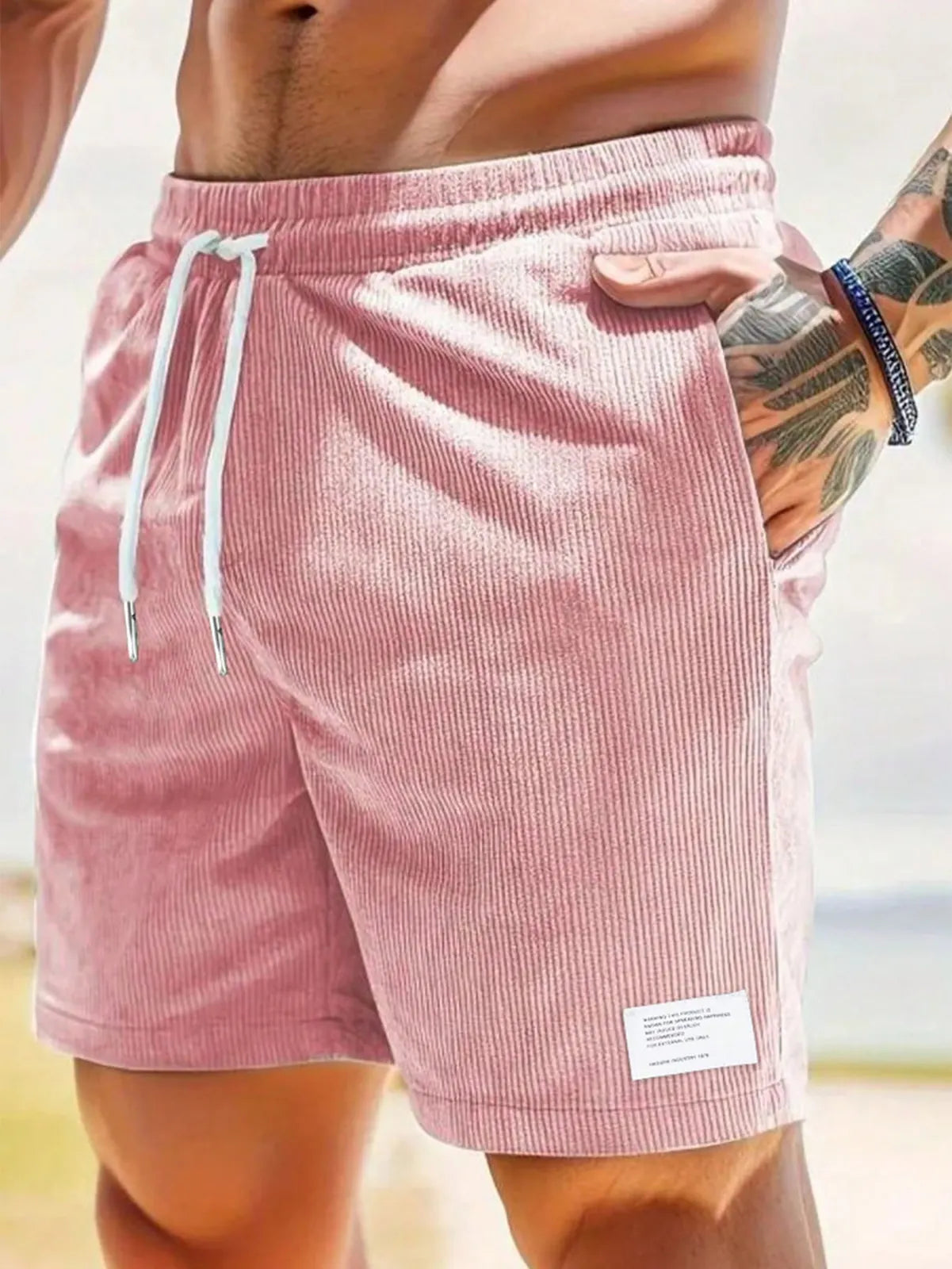 Pink Men's Drawstring Summer Shorts — Levi Corduroy Casual Beach - Flat Lay