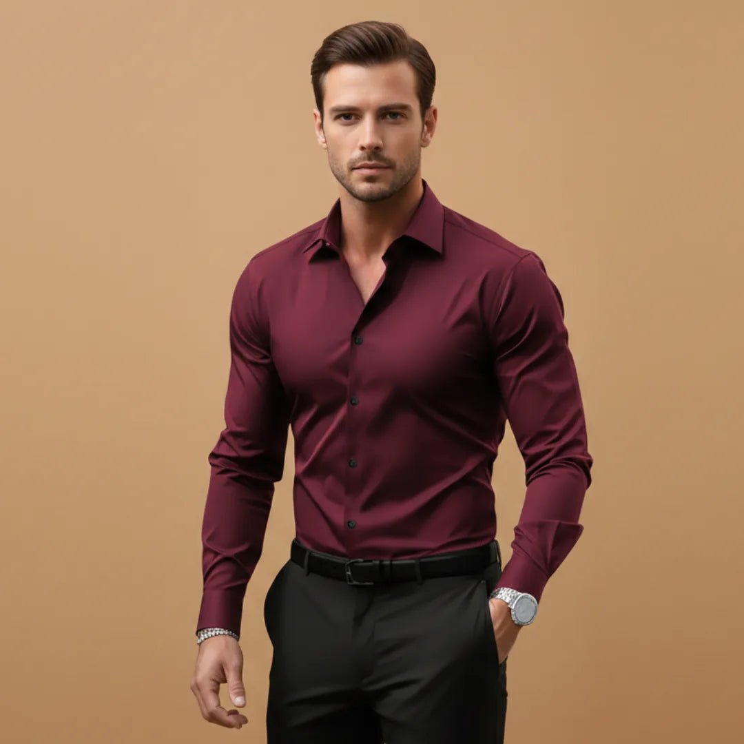 Theo | Men's Fitted Shirt with Structured Collar - Burgundy - 2