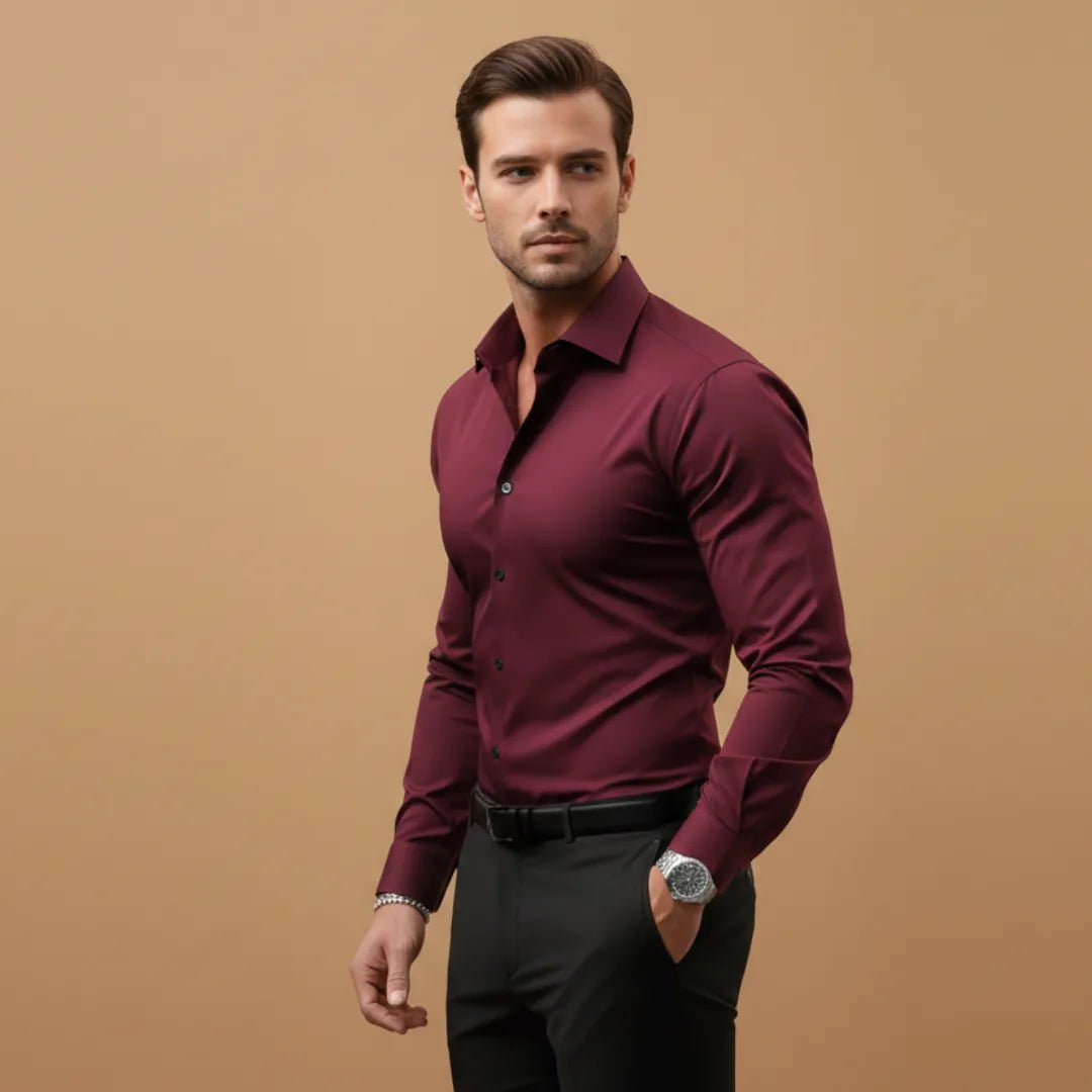 Theo | Men's Fitted Shirt with Structured Collar - Burgundy - 3