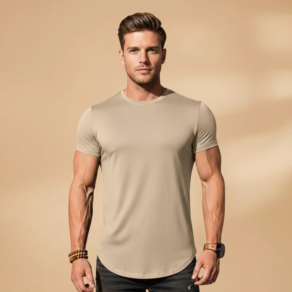 Khaki Men's Fitted Workout T-Shirt — Eli Athletic Crew Neck Short Sleeve - Studio Pose
