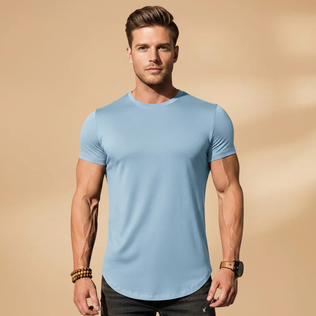 Light Blue Men's Fitted Workout T-Shirt — Eli Athletic Crew Neck Short Sleeve - Casual Wear