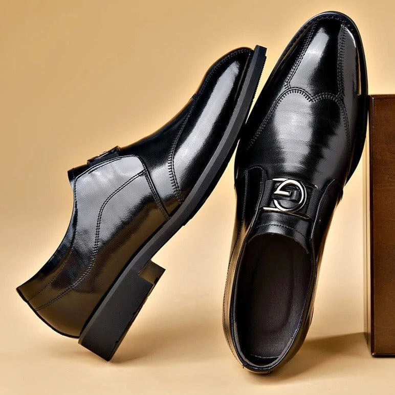 Black Men's Handmade Leather Shoes — Cole Monk Strap Business Formal - Angled Studio