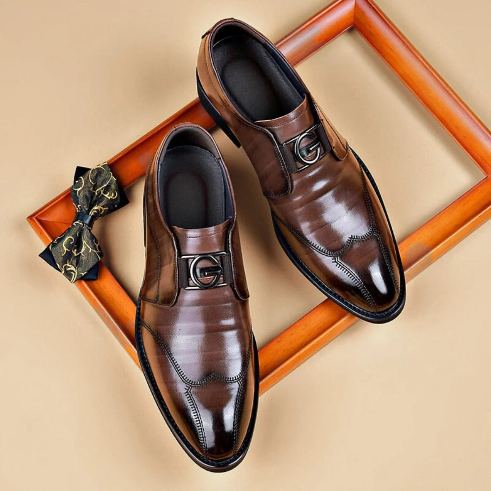 Brown Men's Handmade Leather Shoes — Cole Monk Strap Business Formal - Flat Lay Pair