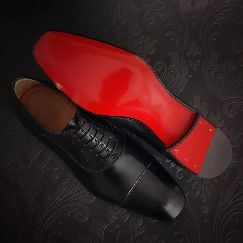 Black Men's Italian Leather Oxford Shoes — Hugo Cap Toe Business Formal - Artistic Red Sole