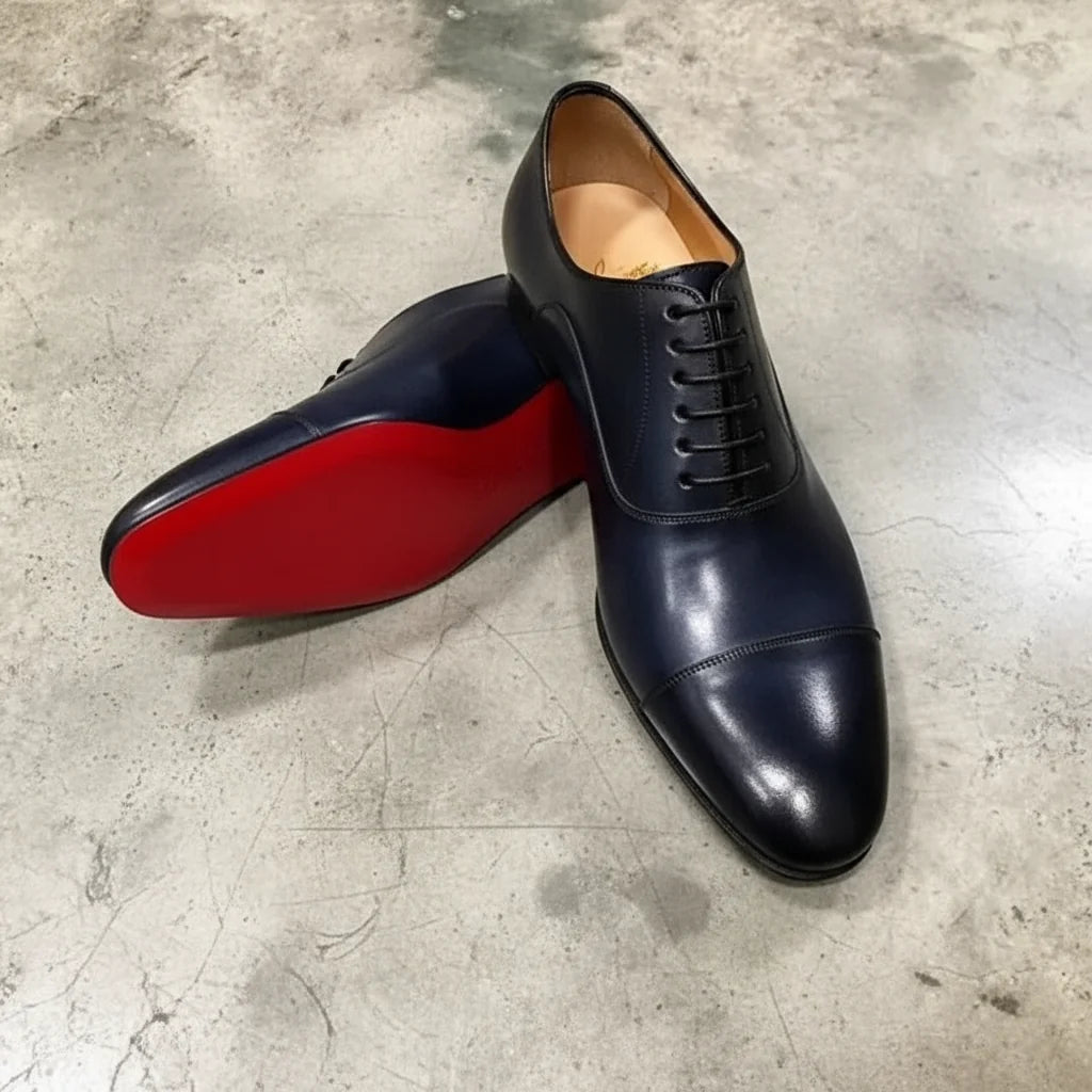Black Men's Italian Leather Oxford Shoes — Hugo Cap Toe Business Formal - Red Sole Detail