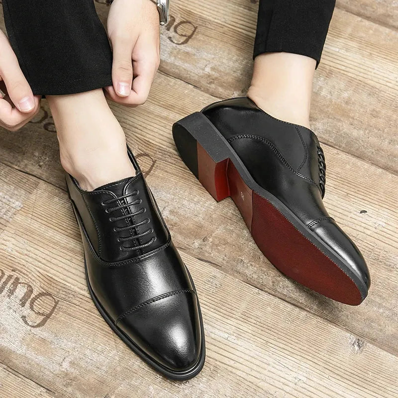 Black Men's Italian Leather Oxford Shoes — Hugo Cap Toe Business Formal - Worn Lifestyle Lacing