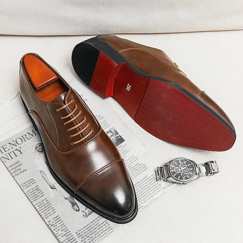 Brown Men's Italian Leather Oxford Shoes — Hugo Cap Toe Business Formal - Bottom Sole Newspaper