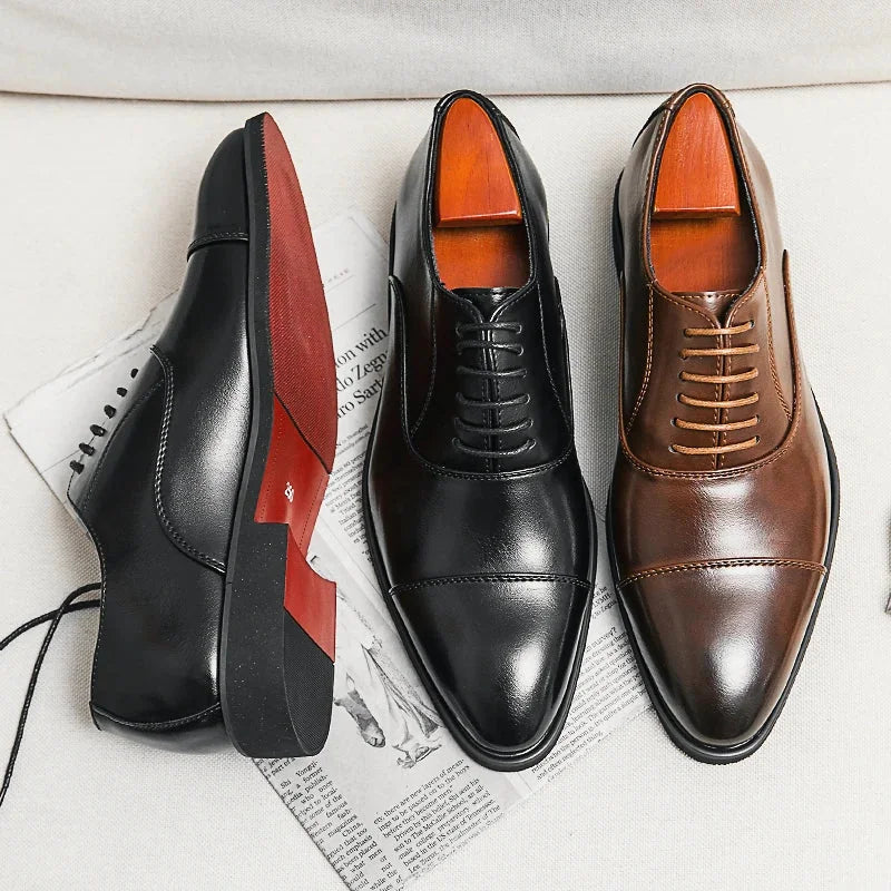 Brown Men's Italian Leather Oxford Shoes — Hugo Cap Toe Business Formal - Side By Side Comparison